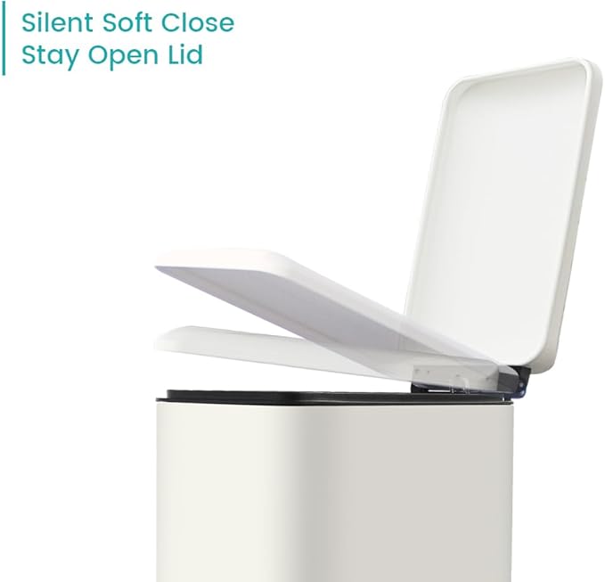 12 Gallon Slim Kitchen Trash Can, Rectangular Trash Can with Removal Inner Bucket and Soft-Close Lid, Foot Pedal, Stainless Steel Garbage Can 45 Liter, White