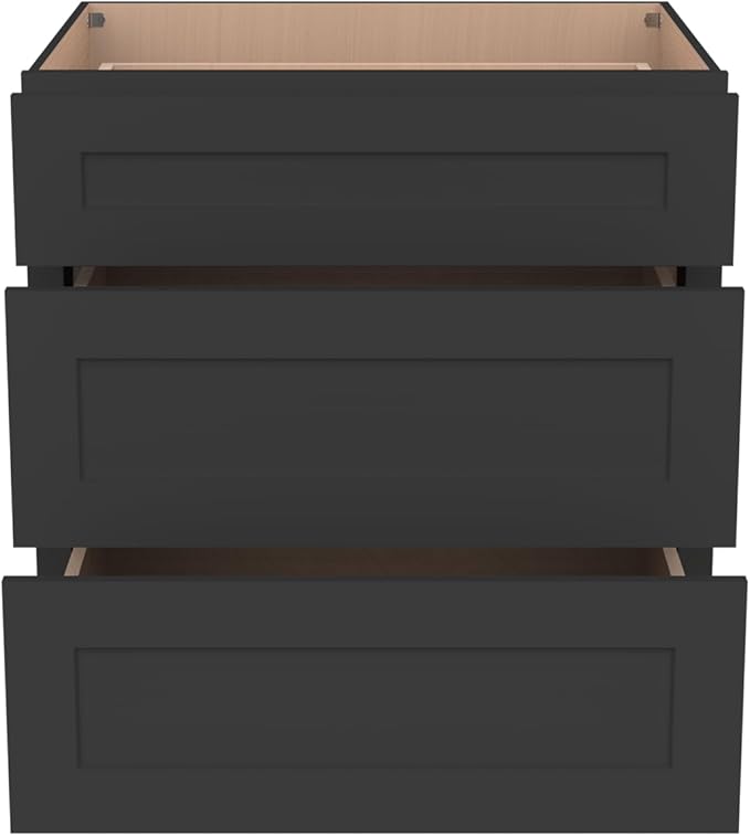 Shaker Style Charcoal Black RTA Base Cabinet -Solid Wood 3-Drawer Design with Soft Close Feature, 18" W x 24" D x 34.5" H, Perfect for Standalone Use or Kitchen Cabinet Combinations