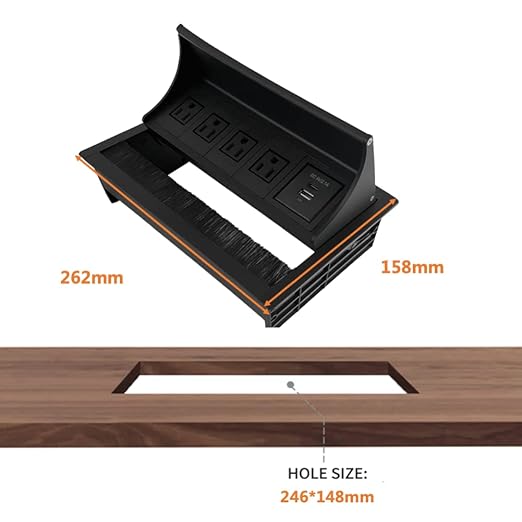 ZESHAN Brush Cable Cubby Connectivity Box Conference Table Power Box with Power Socket, USB and Type C Charger, Black