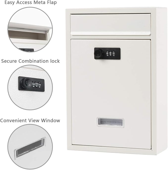 KYODOLED Locking Wall Mount Mailbox, Mail Boxes with Combination Lock for Outside, Security Drop Box with Code,12.4H x 8.54L x 3.35W Inches, White
