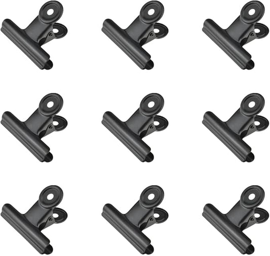 HAHIYO 2.5inch Black Bulldog Clips Metal File Hinge Binder Clips Clamps Save Space Strong Spring Jaws Rock Solid Grip Book Lay Flat Deburred Edge for Hang Photos Wall Grid Dog Food 9PCS