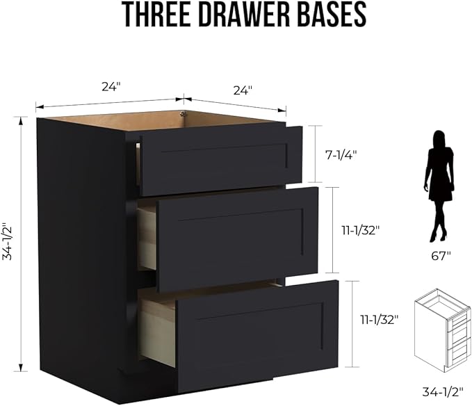 Shaker Style Charcoal Black RTA Base Cabinet with Drawers - Solid Wood 3-Drawer Design with Soft Close, 24" W x 24" D x 34.5" H, Perfect for Standalone Use or Kitchen Cabinet Combinations