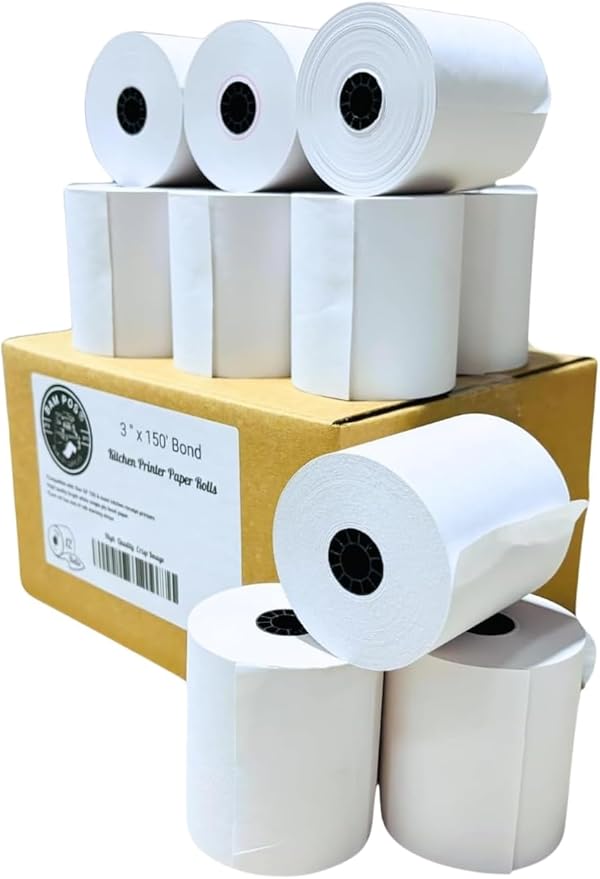 Bright White 3" x 150' 1-Ply Bond Receipt Paper Rolls (12 Rolls)