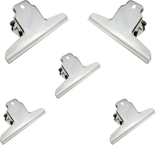 HAHIYO 5.7inch Silver Bulldog Clips Metal File Hinge Binder Clamps Save Space Strong Spring Jaws Rock Solid Grip Book Lay Flat Deburred Edge for Hang Photos Wall Grid Dog Food 5PCS
