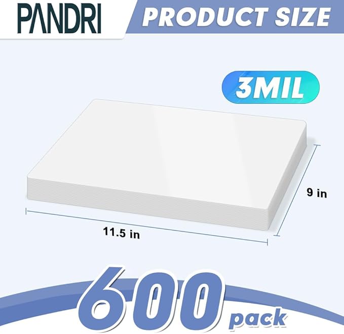 Laminating Sheets, PANDRI 600 Pack Thermal Laminator Pouches Holds 8.5 x 11 Inch, 3 Mil Clear Laminator Paper 9 x 11.5 Inch, Letter Size
