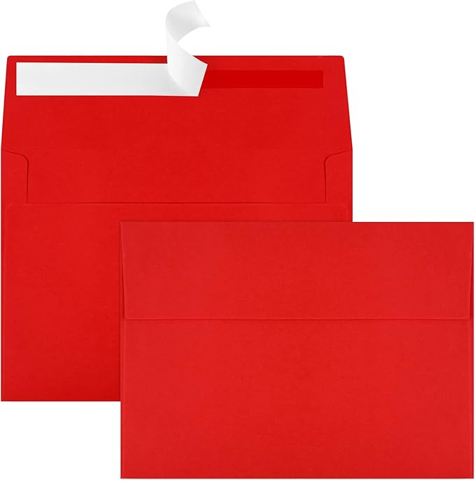 50 Pack 5x7 Envelopes - Self Seal for Weddings, Invitations, Photos, Greeting Cards & Mailing (Red)