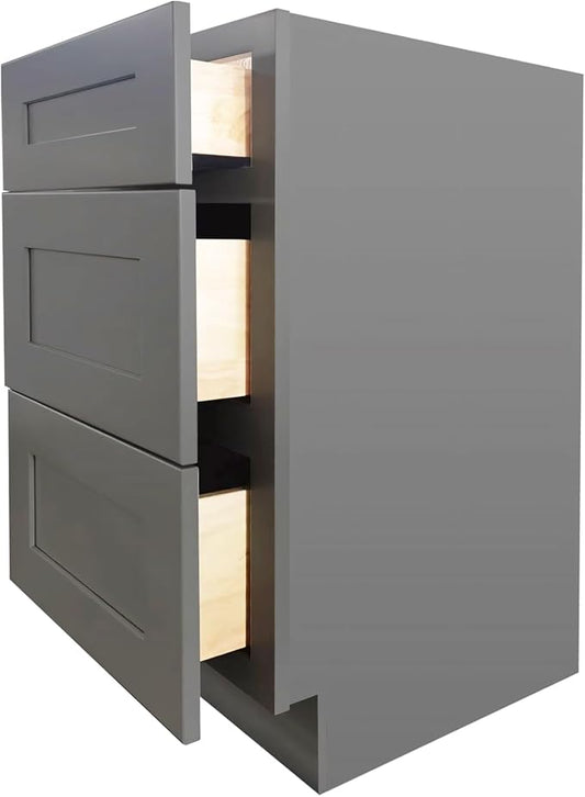 Shaker Style Pebble Grey Base Cabinet by Solid Wood for Kitchen, Bathroom, Bedroom or Office Featuring 3 Drawers, and Storage Separation(12" W x 24" D x 34-1/2" H)