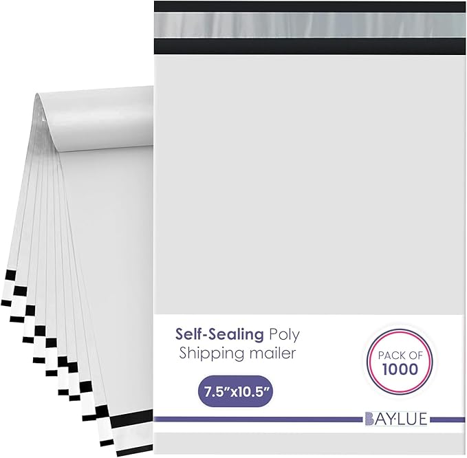 White Small Poly Mailers 7.5x10.5 Inch | Strong Adhesive Self-Seal Mailing Bags | Tamper, Tear, Water resistant Shipping Envelopes | Thick Strong Material Poly Bags Clothing Bags | 1000 Pcs Bulk