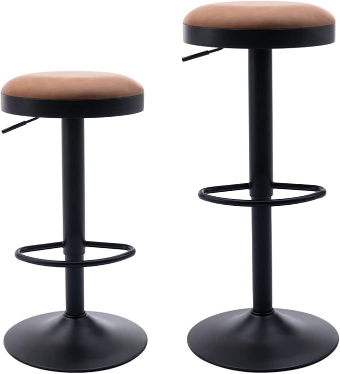 Round Swivel Counter Height Bar Stools Set of 2 Modern Adjustable Barstools Backless PU Leather Bar Chairs Industrial Island Chairs with Metal Base/Footrest for Kitchen Island/Pub/Bar, Brown