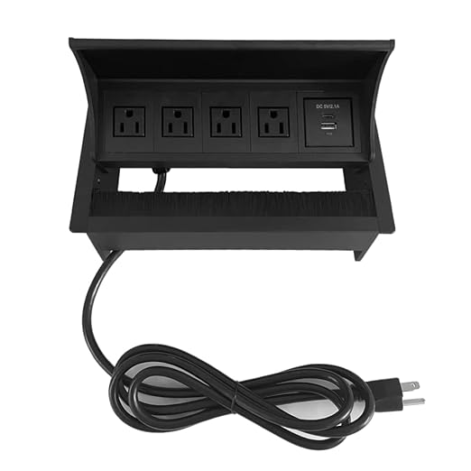ZESHAN Brush Cable Cubby Connectivity Box Conference Table Power Box with Power Socket, USB and Type C Charger, Black