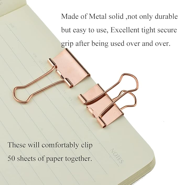 HAHIYO Binder Clips Paper Clamps Spring Steel Sturdy 0.98 inch Width 0.31 Inch Capacity No Sharp Edges Heavy Duty Tight Grip Reusable Rose Gold Metal Bright Finish for Home Office School 25 Pack