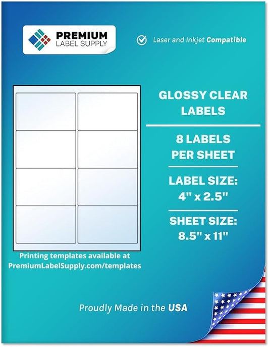 Premium Label Supply Glossy Clear Address Labels – 4" x 2.5" – Laser/Inkjet Compatible – (8 per Sheet), 1000 Sheets – 8,000 Total Adhesive Labels
