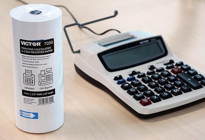 Victor 7050 Compact White Paper Rolls for Handheld and Portable Printing Calculators/Adding Machines/Ink Print Cash Registers 2.25” W x 150' FT (3-Pack)