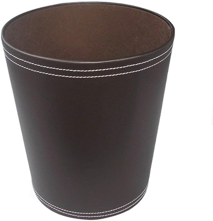 KINGFOM Classic Pu Leather Trash Can Wastebasket, Garbage Container Can for Bathrooms, Powder Rooms, Kitchens, Home, Office and and High Class Hotel Round Brown