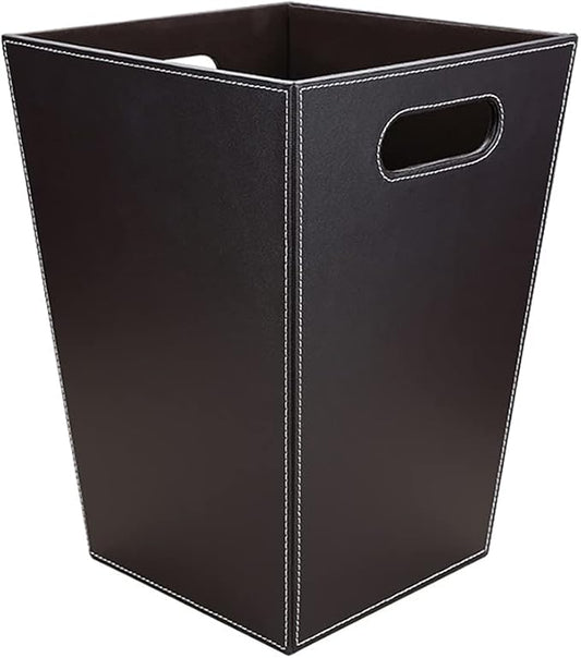 KINGFOM Classic Pu Leather Trash Can Wastebasket, Garbage Container Bin with Handles for Bathrooms, Powder Rooms, Kitchens, Home, Office and and High Class Hotel Square Brown