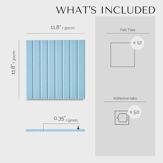 Large Cork Boards for Walls Black Felt Alternative - Slat Wall Paneling, Bulletin Board Tiles for Home Decor, Push Pin Corkboard Organizer for Office, Classroom-12-Pack Panel Kit (Baby Blue)