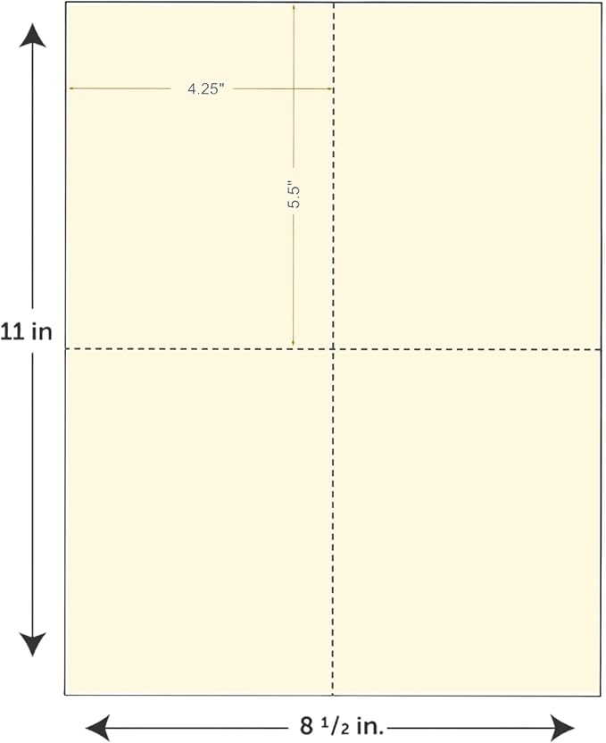 Limited Papers (TM) 8.5x11 Perforated Paper, 20/50 Pound, 75 GSM, Variety of Perforation Sizes and Colors, for Forms, Tickets, Postcards, Business Cards. (Canary, 4 up – 1 Hor. & 1 Ver.)