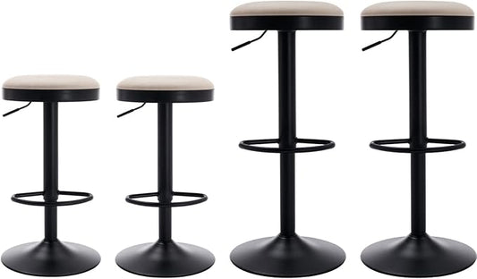 Round Swivel Counter Height Bar Stools Set of 4 Modern Adjustable Barstools Backless PU Leather Bar Chairs Industrial Island Chairs with Metal Base/Footrest for Kitchen Island/Pub/Bar, Beige