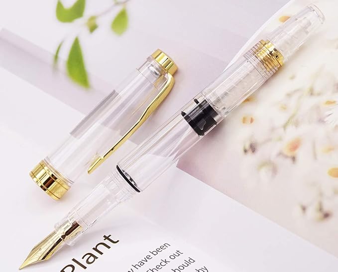 Lanxivi Yongsheng 3011 Demonstrator Clear Classical Fountain Pen Fine Nib Arrow Clip, Piston Filling System, Gold Trim, Set of 4 Pieces in transparent Color