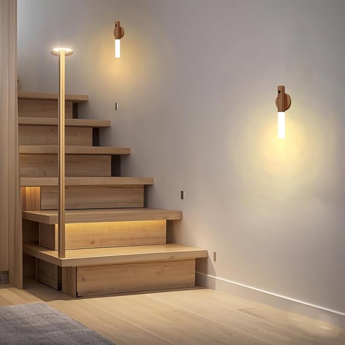 LANDGOO Motion Sensor Night Light RGB & Touch Control | USB-C Rechargeable Ash Wood Wall Sconce | Bathroom/Bedroom Light for Hallway, Stairs, Nursery, Closet, Vanity, Party