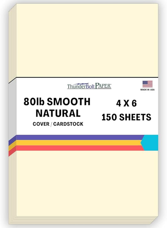 150 Natural Smooth Card Stock Sheets Paper - 4 X 6 Inches Photo|Card|Frame Size - 80# (80 lb/Pound) Cover Weight - Quality Paper - Smooth Finish