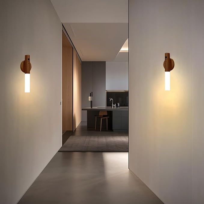 LANDGOO Motion Sensor Night Light RGB & Touch Control | USB-C Rechargeable Wooden Wall Sconce | Bathroom/Bedroom Light for Hallway, Stairs, Closet, Kids Room, Vanity, (Walnut Wood)