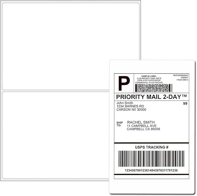 8.5 x 5.5 Half Sheet Shipping Labels for Laser and Inkjet Printers, 2 Per Page Self Adhesive Mailing Labels, White Blank Labels [100 Sheet 200 Labels]