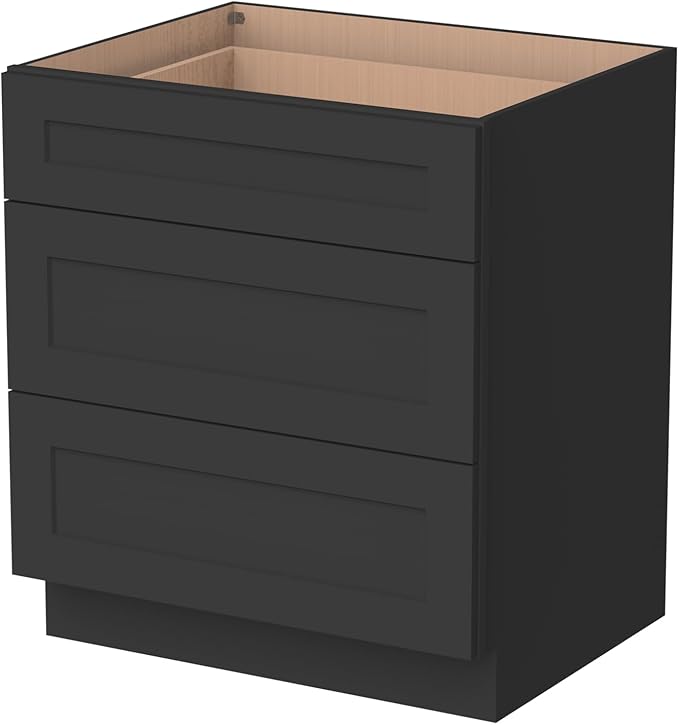 Shaker Style Charcoal Black RTA Base Cabinet -Solid Wood 3-Drawer Design with Soft Close Feature, 18" W x 24" D x 34.5" H, Perfect for Standalone Use or Kitchen Cabinet Combinations