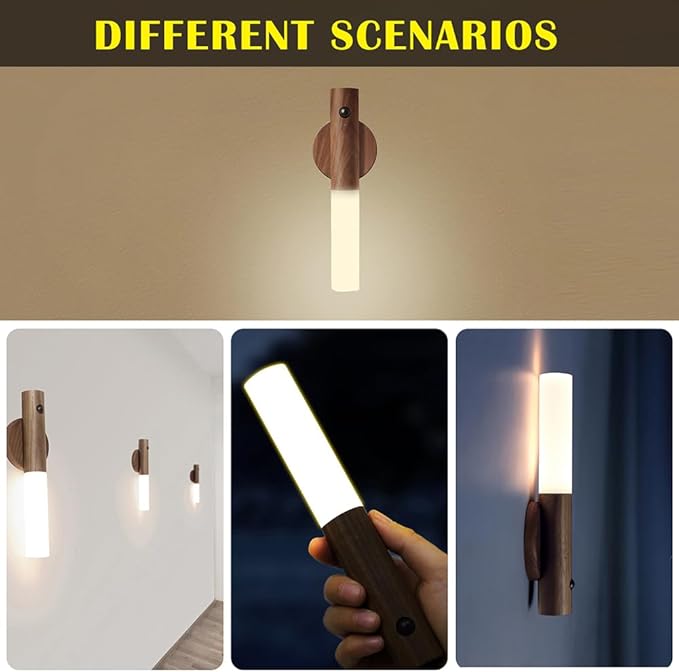 LANDGOO Wooden Motion Sensor Night Lights Magnet Body Sensor Hallway Night Lights Rechargeable Led Light Portable Stairway Wall Sconce Battery Powered Cabinet Lights (Walnut Wood 1PC)