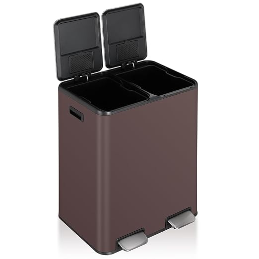 16 Gal (2 x 30 L) Dual Trash Can, Stainless Steel Kitchen Garbage Bin, Recycle Dustbin with Odor Control Box, Soft-Close Lid, Inner Buckets, Side Handle, Step Pedal, for Home Office