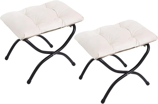LITA 2 Pcs Folding Upholstered Footrest Stool, Modern Small Portable Accent Ottoman with Detachable Thick Cotton Cushion, Padded Sofa Stool with Metal Frame, Living Room & Bedroom,Velvet Beige