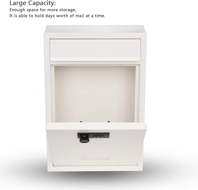 KYODOLED Locking Wall Mount Mailbox, Mail Boxes with Combination Lock for Outside, Security Drop Box with Code,12.4H x 8.54L x 3.35W Inches, White