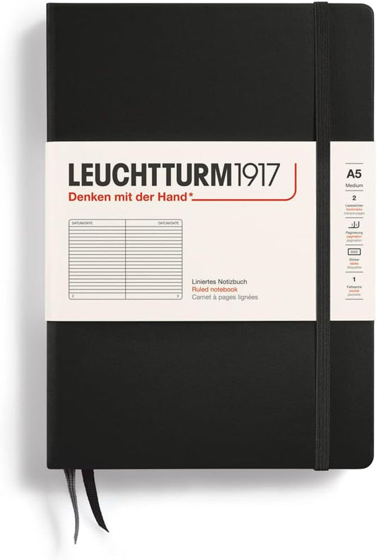 LEUCHTTURM1917 - Notebook Hardcover Medium A5-251 Numbered Pages for Writing and Journaling (Black, Ruled)