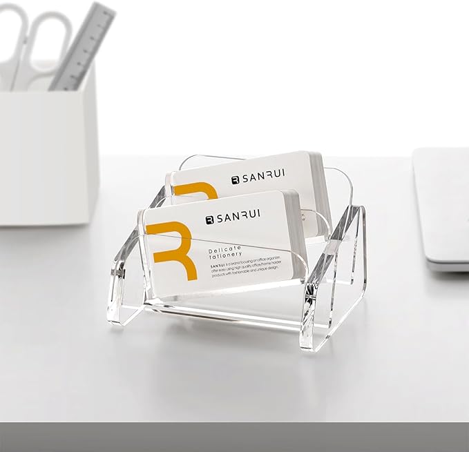 SANRUI Acrylic Business Card Holder for Desk, 2 Tier Clear Tilt Business Name Card Display Holders Stand Storage Organizer Fits 120 Business Cards (Horizontal, 2-Slot)