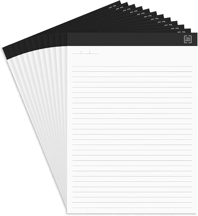 TRU RED Staples Notepads, 8.5-inch x 11.75-inch, Wide Ruled, White, 50 Sheets/Pad, 12 Pads/Pack (TR57382)