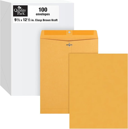 Quality Park 9-1/2" x 12-1/2" Clasp Envelopes, Brown Kraft, Gummed Flap, 100/Box (QUA37793)