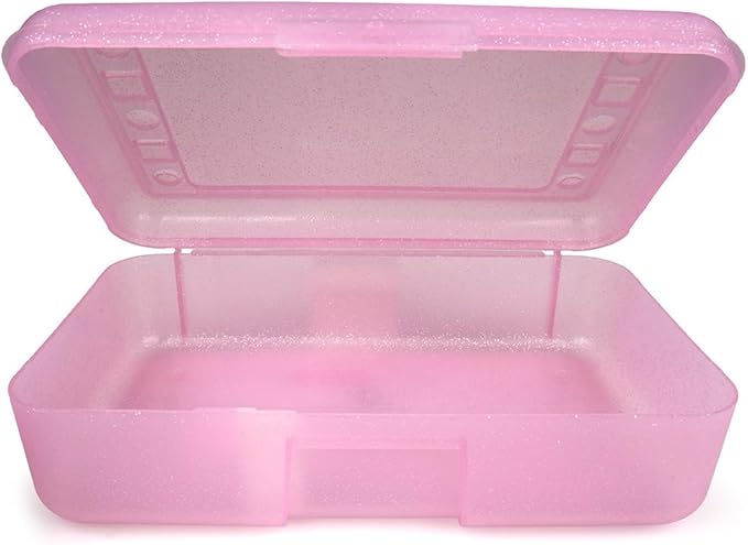 Craft County | Transparent Pencil Box | Colored Utility Box Storage Office Supplies Organizer | Pink Sparkle