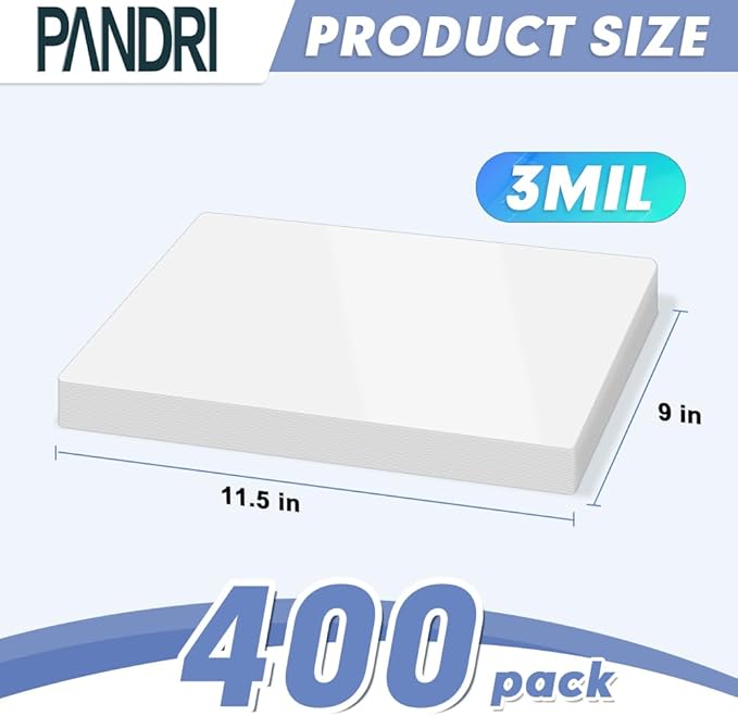 Laminating Sheets, PANDRI 400 Pack Thermal Laminator Pouches Holds 8.5 x 11 Inch, 3 Mil Clear Laminator Paper 9 x 11.5 Inch, Letter Size