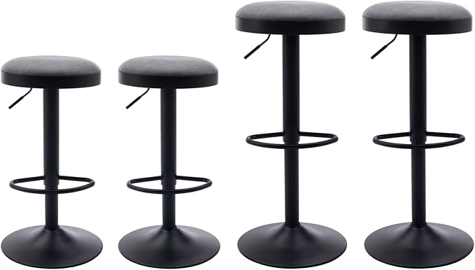 Round Swivel Counter Height Bar Stools Set of 4 Modern Adjustable Barstools Backless PU Leather Bar Chairs Industrial Island Chairs with Metal Base/Footrest for Kitchen Island/Pub/Bar, Grey
