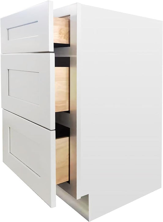 Shaker Style White RTA Base Drawer Cabinet by Solid Wood for Kitchen, Bathroom, Bedroom or Office with 3 Drawers and Soft Close(24" W x 24" Depth x 34-1/2" H)