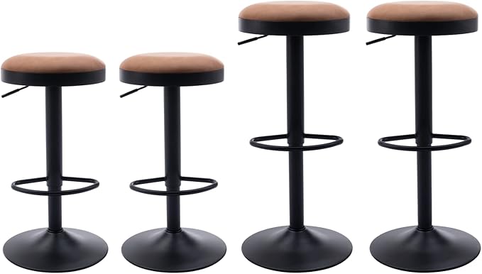 Round Swivel Counter Height Bar Stools Set of 4 Modern Adjustable Barstools Backless PU Leather Bar Chairs Industrial Island Chairs with Metal Base/Footrest for Kitchen Island/Pub/Bar, Brown