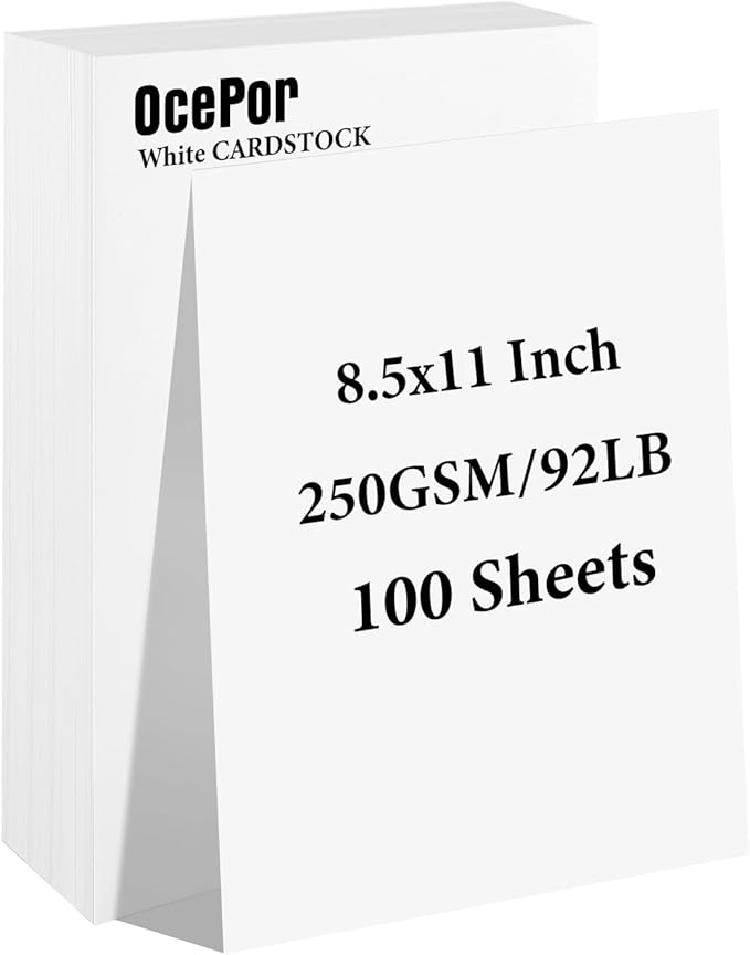 OcePor 100 Sheets White Cardstock 8.5” x 11”, 92lb/250gsm Card Stock, Thick Card Stock Paper, Heavy Cardstock Paper for Printer, Resume, Scrapbooks, Art, Crafts, Business Cards