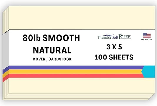 100 Natural Smooth Card Stock Sheets Paper - 3 X 5 Inches Index|Recipe Card|Photo|Frame Size - 80# (80 lb/pound) Cover Weight - Quality Paper - Smooth Finish
