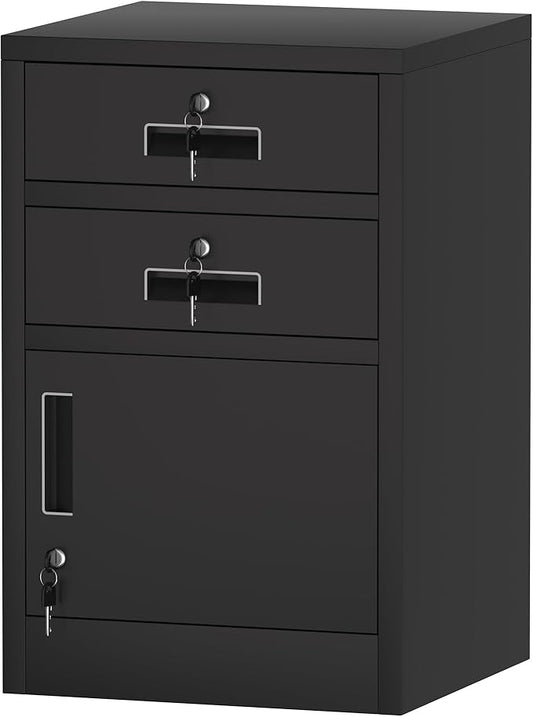 Metal Storage Cabinet with Locking Door and 2 Lockable Drawers for Home Office Bedroom Living Room (Black)