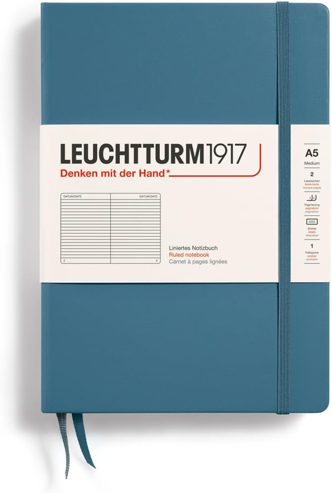 LEUCHTTURM1917 - Notebook Hardcover Medium A5-251 Numbered Pages for Writing and Journaling (Stone Blue, Ruled)