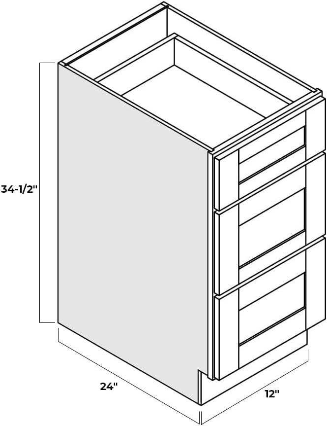 Shaker Style Pebble Grey Base Cabinet by Solid Wood for Kitchen, Bathroom, Bedroom or Office Featuring 3 Drawers, and Storage Separation(12" W x 24" D x 34-1/2" H)