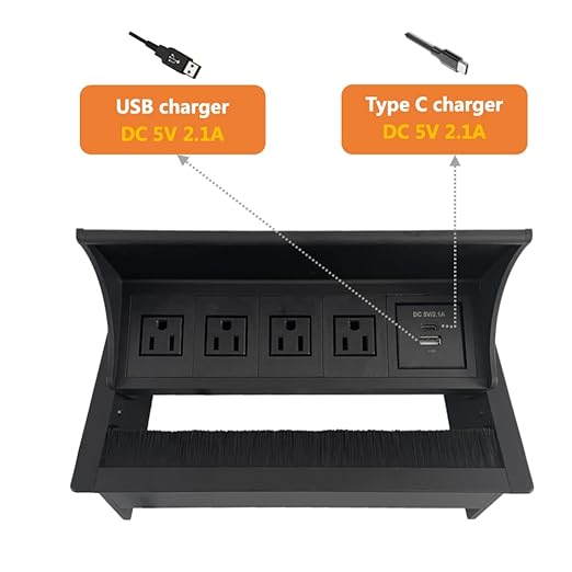 ZESHAN Brush Cable Cubby Connectivity Box Conference Table Power Box with Power Socket, USB and Type C Charger, Black
