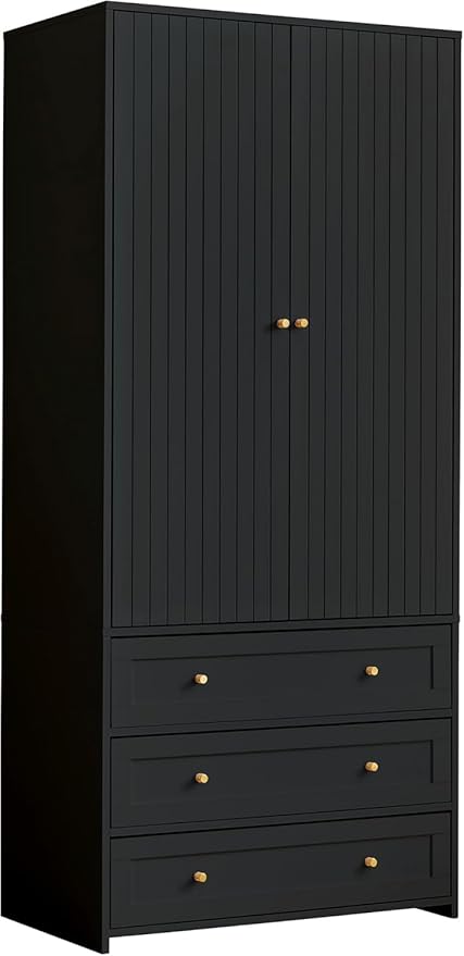 71" Wardrobe Closet Armoire, Wardrobe Armoire Wooden with 2 Doors, 3 Drawers Household Freestanding Wooden Closet Storage Cabinet for Bedroom (Black)