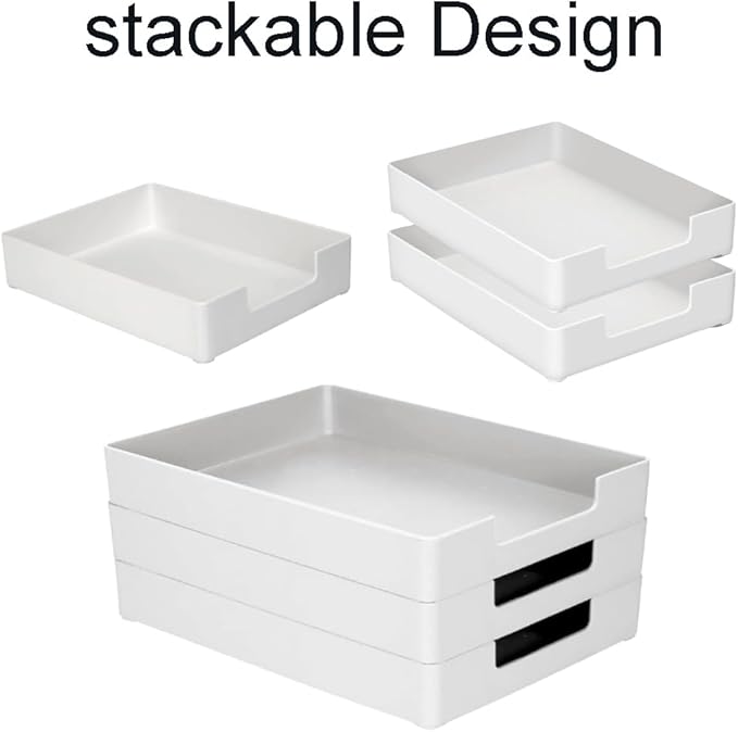 Letter-Size Desk Drawer Organizer, A4 Plastic Paper Tray, Stackable File Holder for Office, School, Home Storage (White)