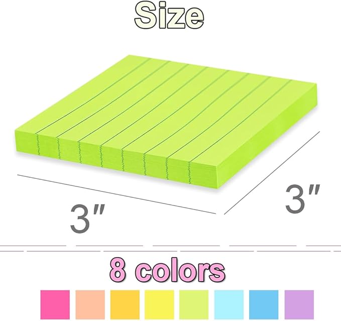 (16 Pack) Lined Sticky Notes 3x3 in Ruled Stickies Super Sticking Power Memo Pads Bright Colors